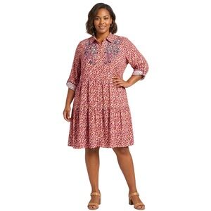 Westbound NWT 3X Plus Size Floral Embroidered Tiered Shirt Dress Red Cottagecore